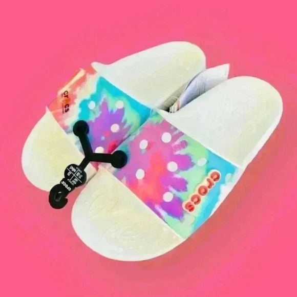 NEW CROCS - Iconic Tie Dye - Multicolor FUN comfort slides w/ holes for charms - Picture 2 of 8
